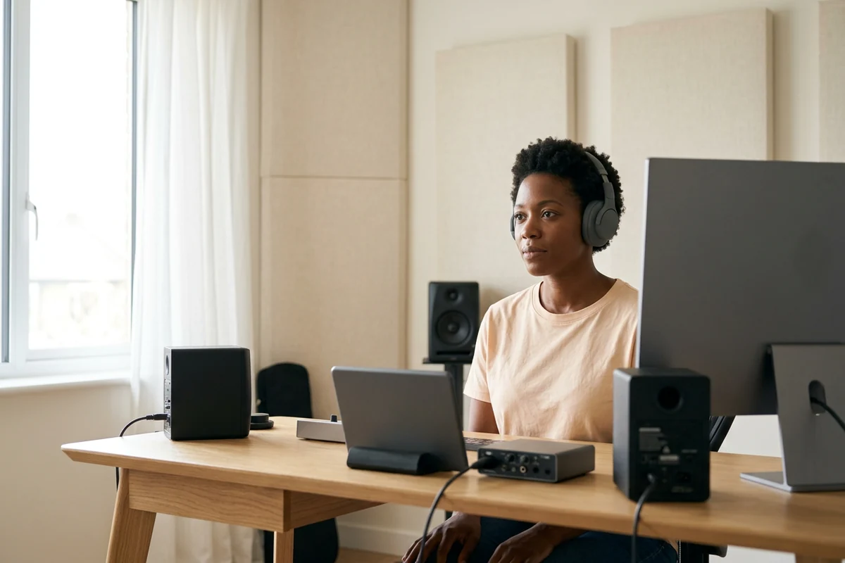 Producer wearing headphones at a bright desk with a computer and studio speakers