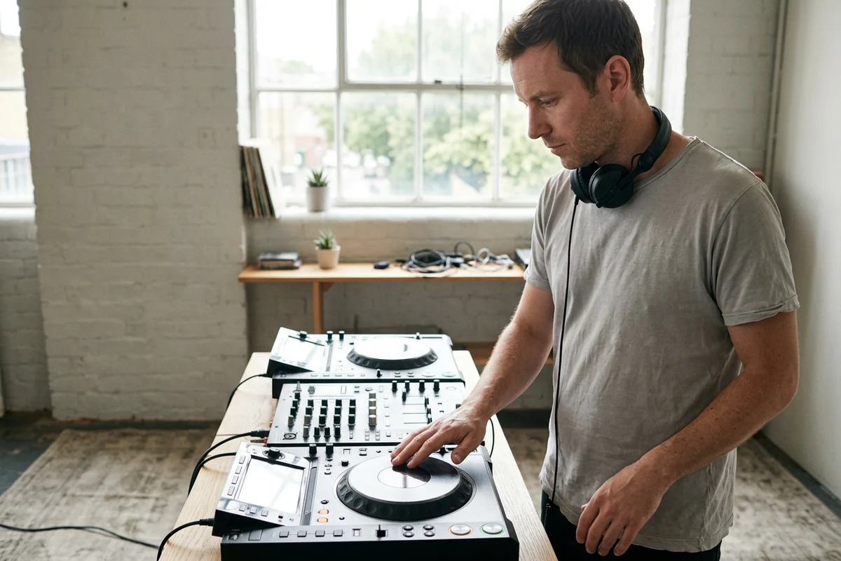 DJ with headphones around the neck beside digital decks and a mixer in daylight