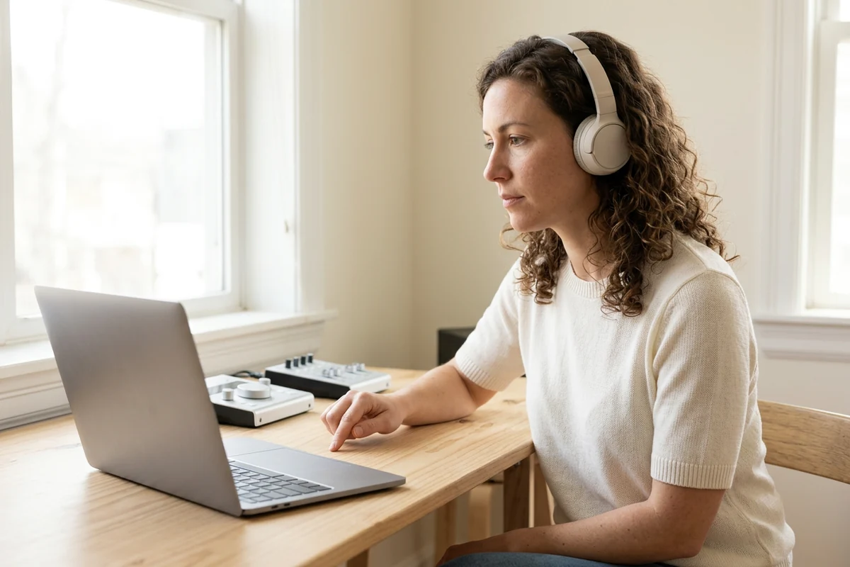 Listener wearing headphones and tapping a wooden desk beside a laptop in daylight