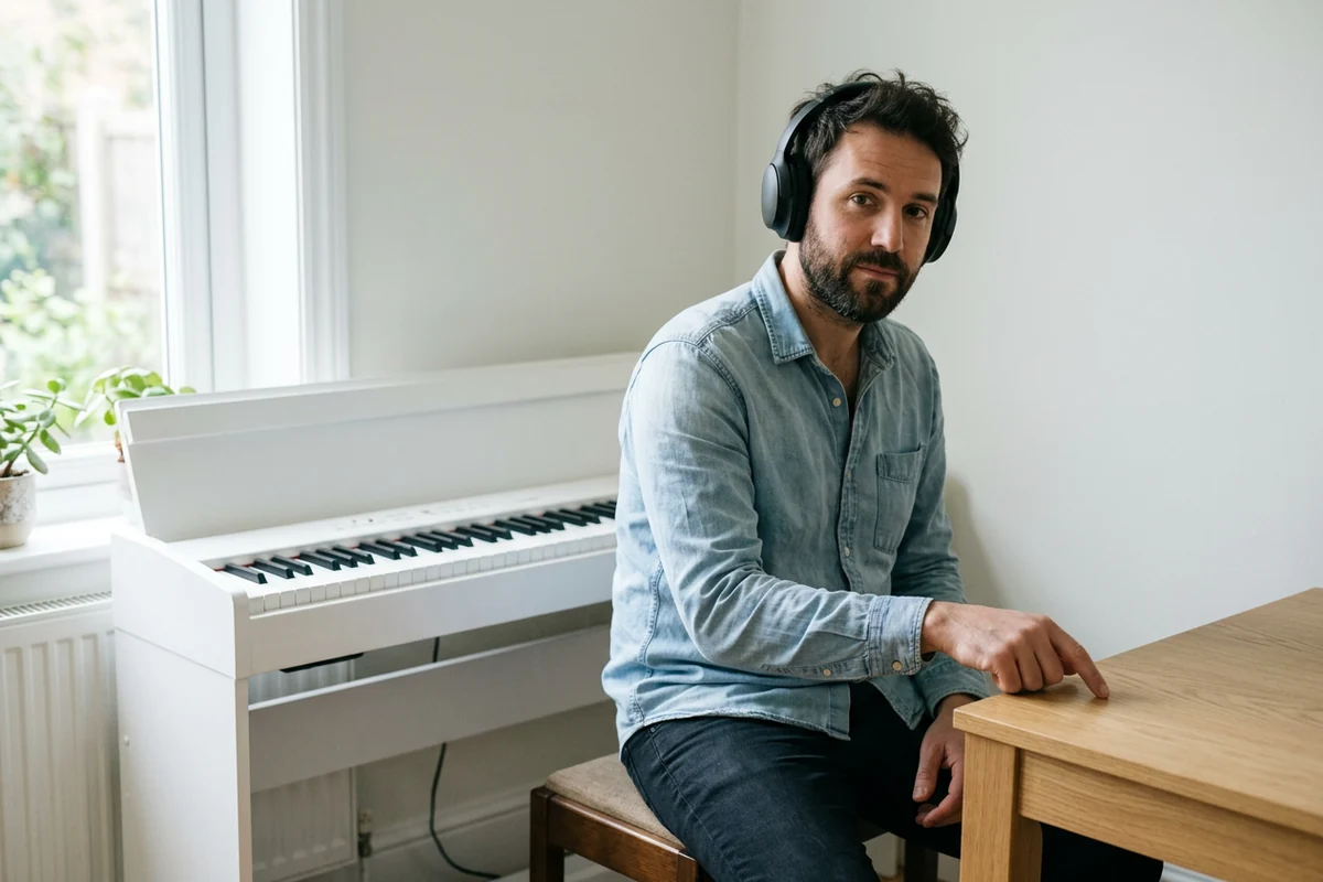 Musician listening and tapping beside a piano in a bright room