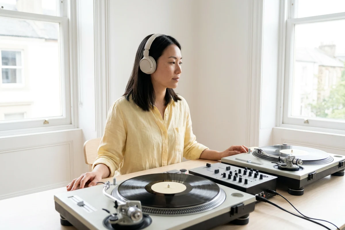 DJ listening beside records and a mixer in a bright studio