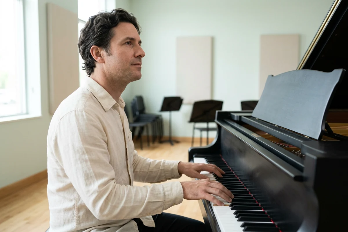 Pianist playing alone at a piano in a bright room
