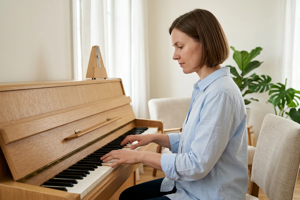 Pianist practicing slowly in a sunlit home