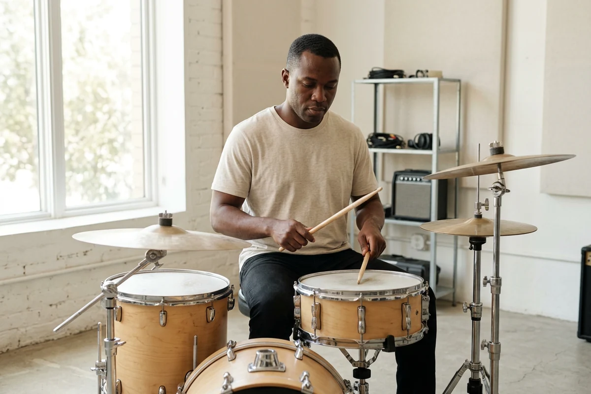 Drummer practicing in a bright rehearsal room