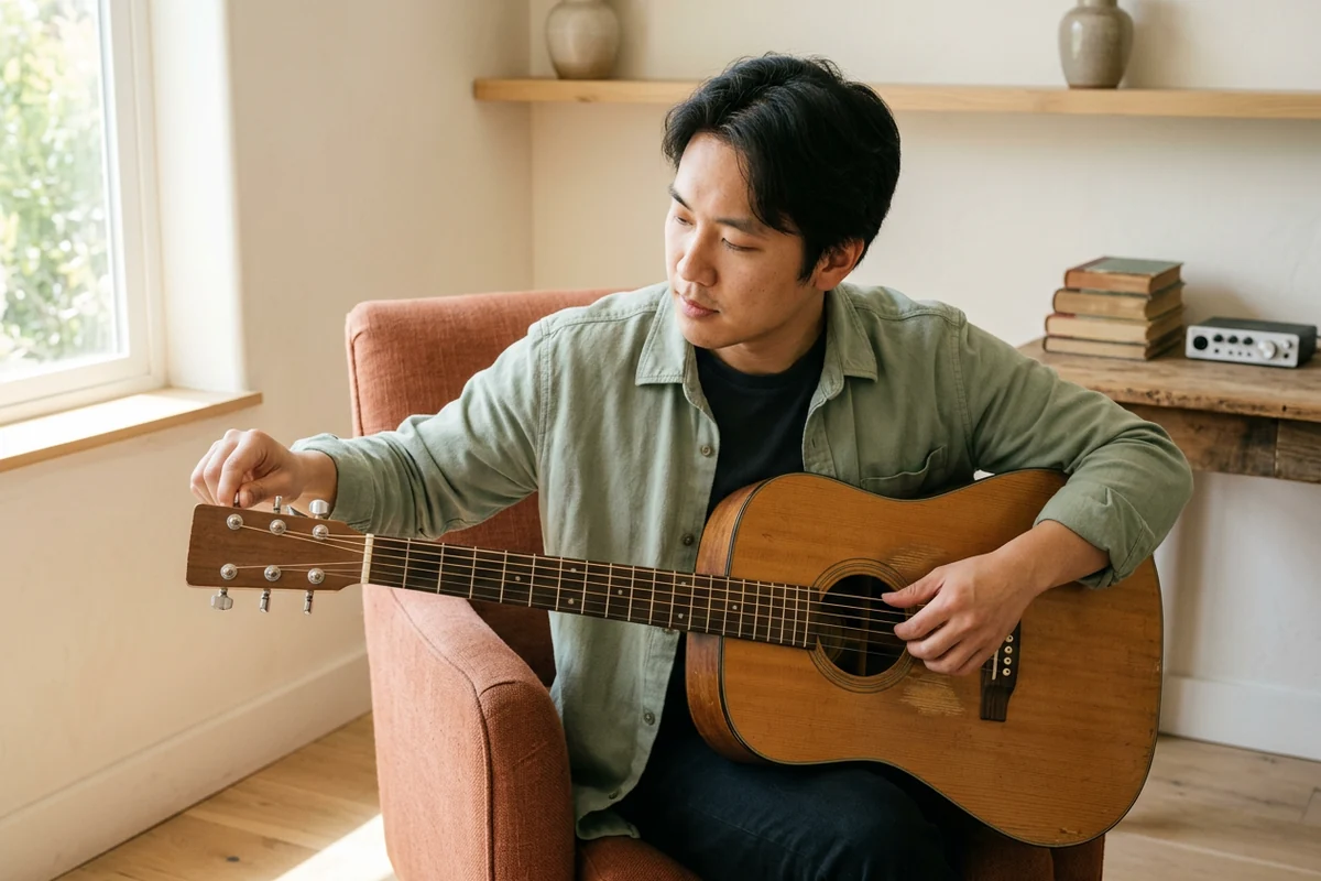 Guitarist adjusting an acoustic guitar's tuning peg in daylight