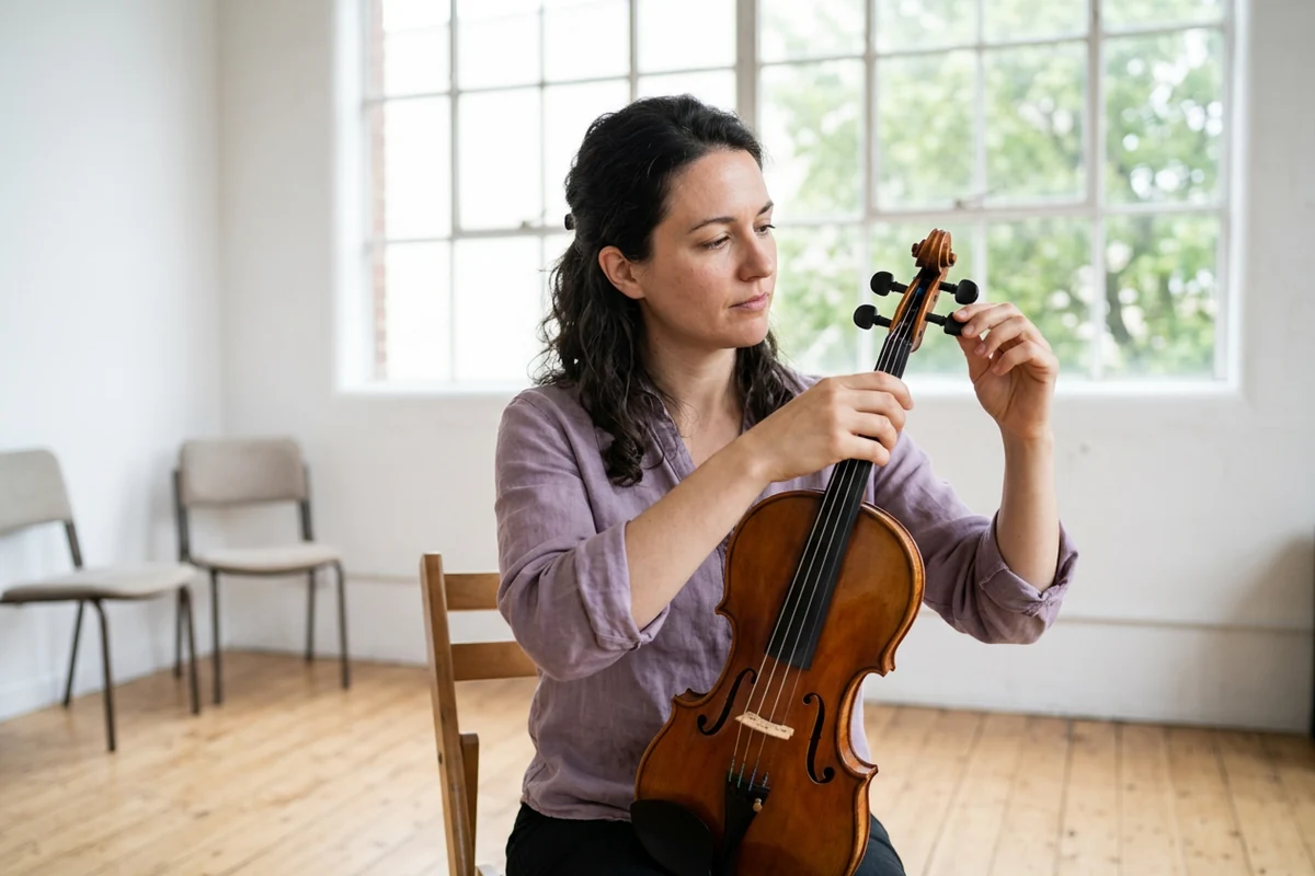 Violinist tuning a violin in a bright rehearsal room