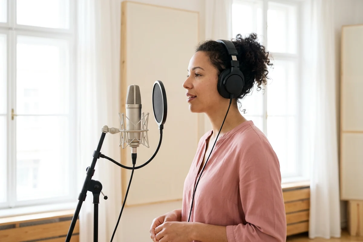 Female singer holding a note at a microphone in a bright room