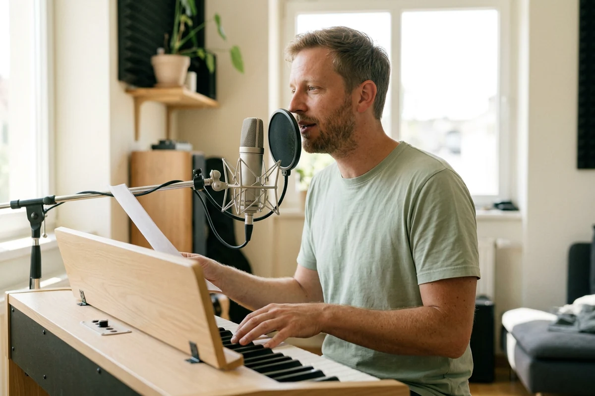 Male singer beside a digital piano and microphone in daylight