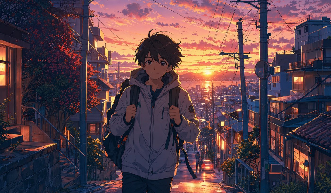 AI animated music video generator scene: vibrant cityscape at dusk with a stylized character walking toward the camera, coherent 2D style throughout