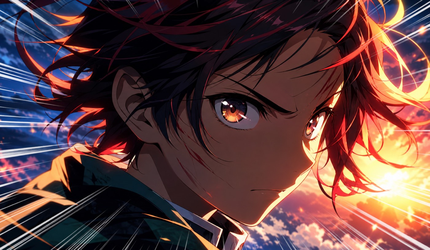 AI anime video generator close-up: character with dramatic lighting, hair mid-motion, speed lines radiating behind