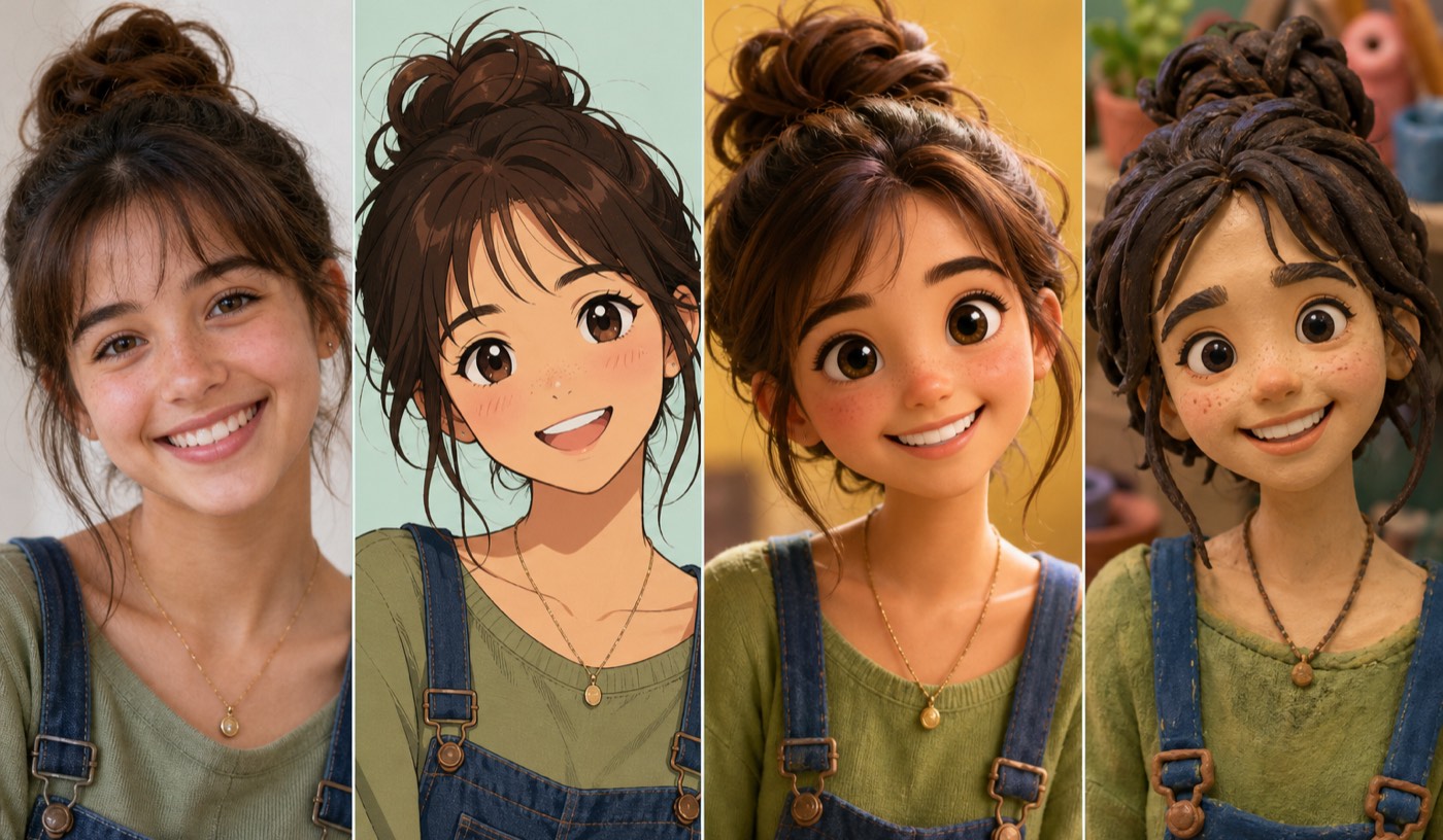 Cartoon music video casting: photo of a person beside three animated versions of the same face — anime, cartoon, and clay styles