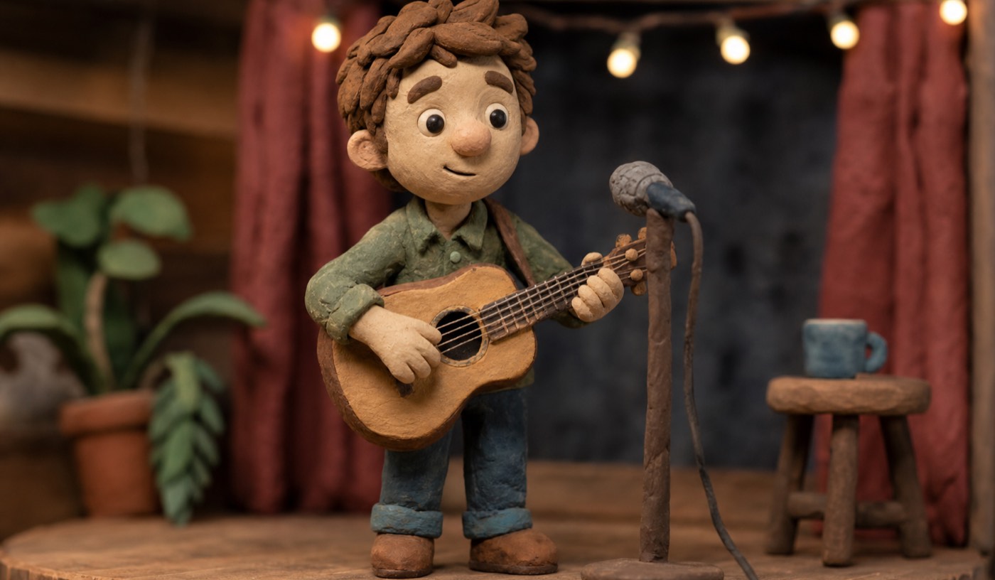 Claymation music video still: clay character playing guitar on a miniature set with visible fingerprint textures