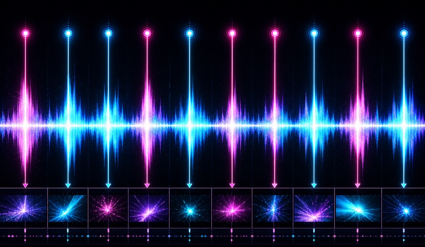 ai beat sync video generator timeline with cut points arranged around detected beat markers in a waveform