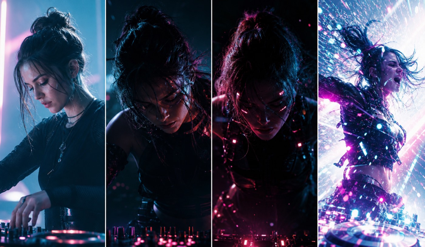 Beat drop moment: frame exploding with light and motion, preceded by three progressively darker build-up frames