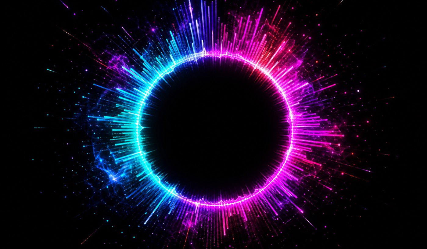 AI music visualizer render: neon spectrum bars pulsing around a circular waveform on a dark background