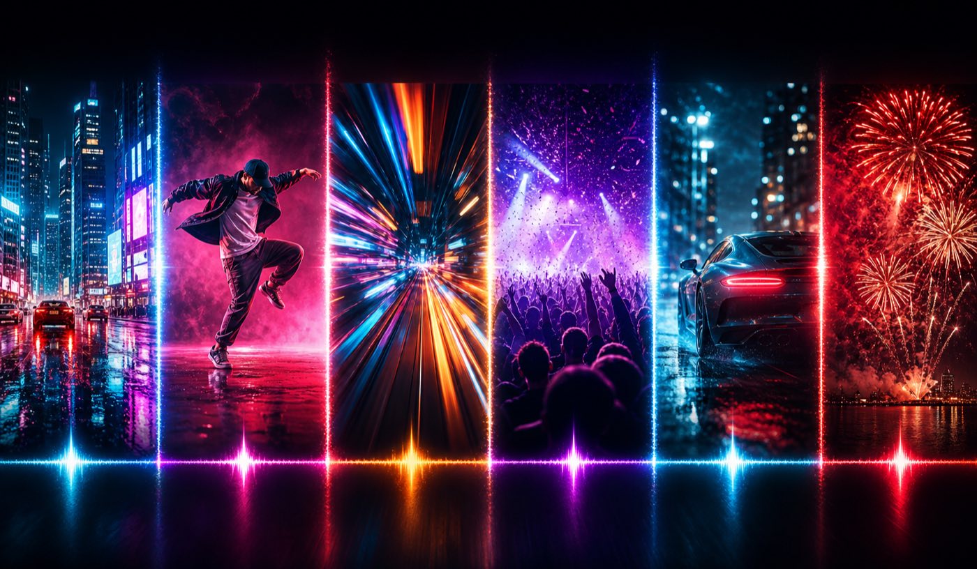 drop synced music video montage strip with transitions guided by a detected beat pulse below