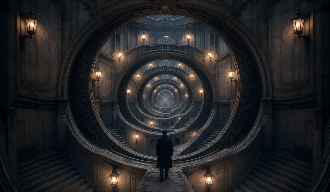 AI concept video generator frame: surreal corridor folding into itself, one strong visual idea dominating the shot