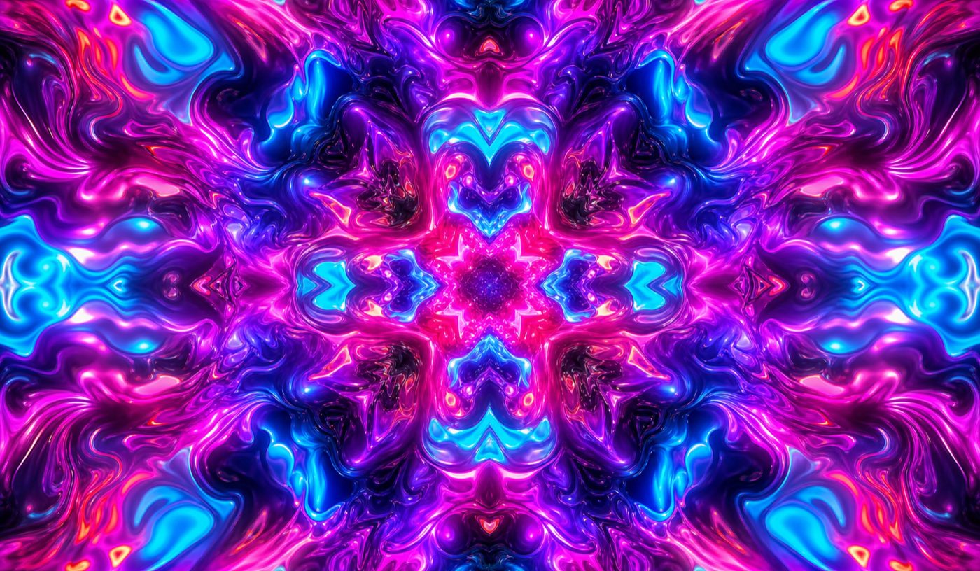 Trippy visuals in a kaleidoscopic mirror shot, melting neon colors radiating from the center of the frame