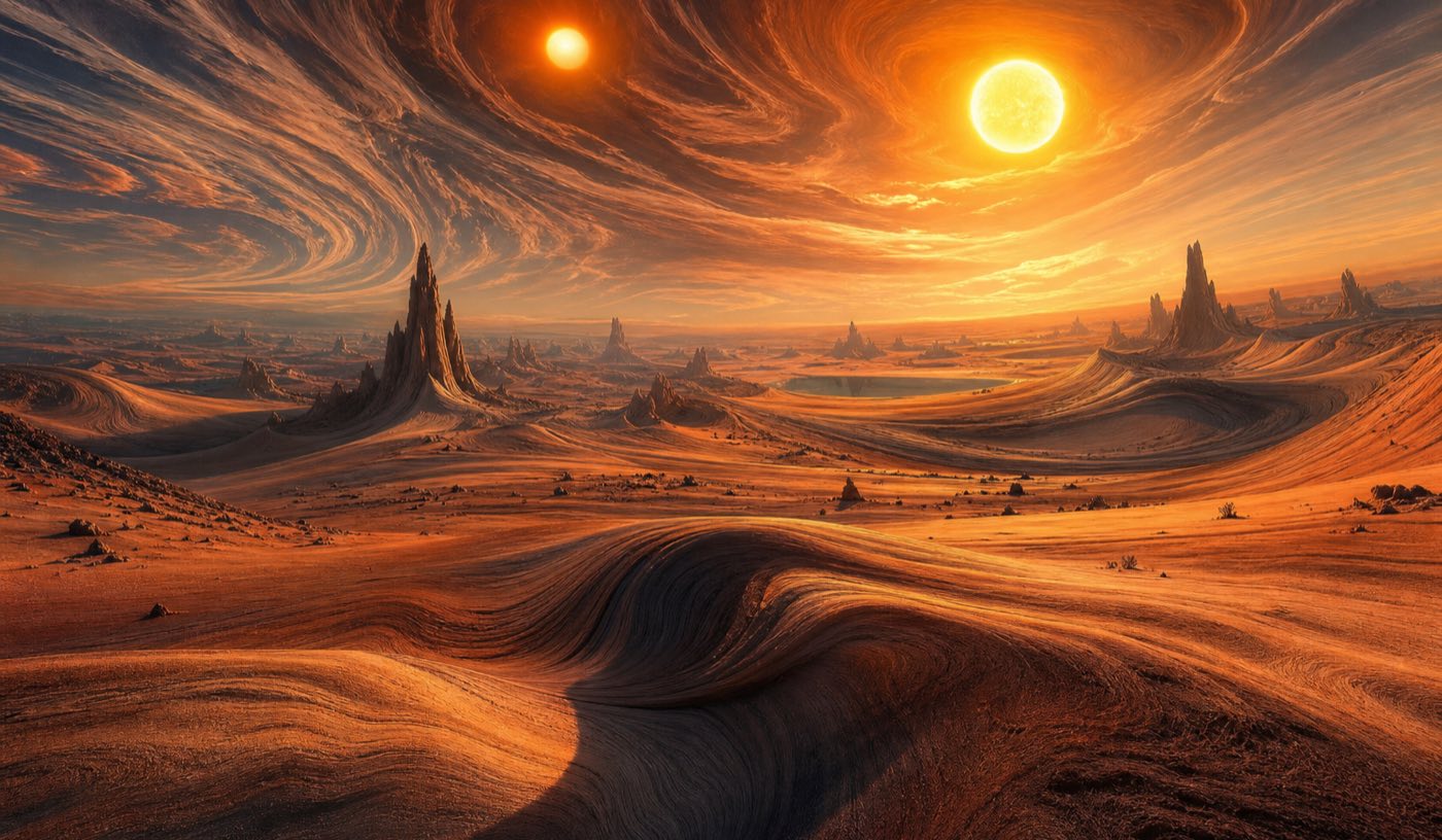 Psychedelic music video landscape: warped desert under a doubled sun, colors bending progressively stronger toward the horizon