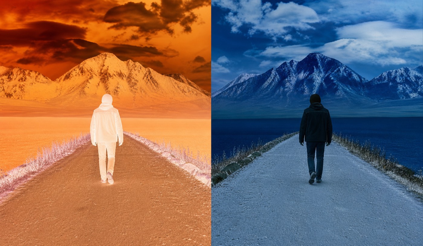Experimental music video still: split-screen frame with the same figure walking in opposite directions, palettes inverted between halves