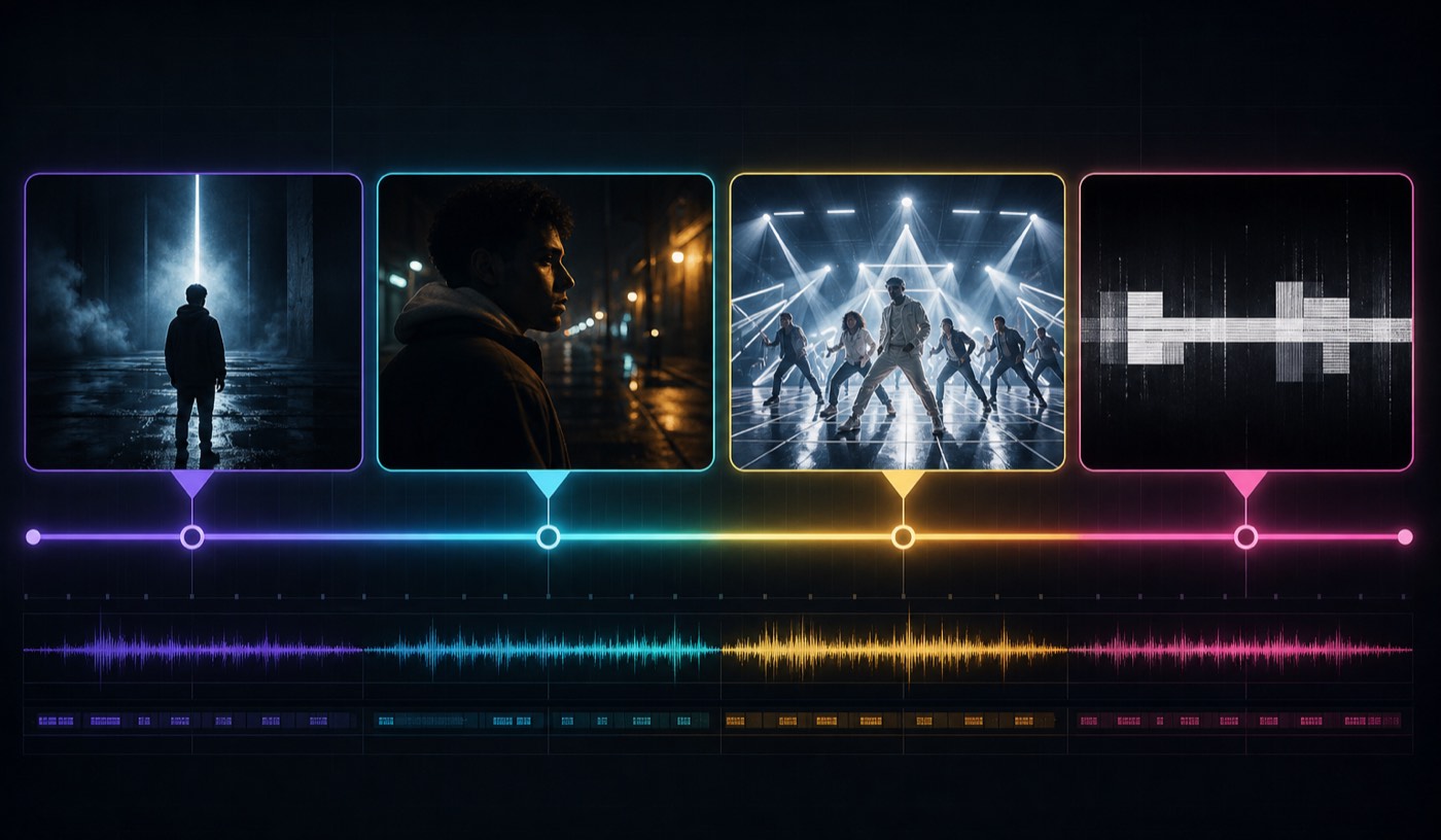 Full music video generator timeline with labeled sections — intro, verse, chorus, bridge — each with a distinct visual style thumbnail