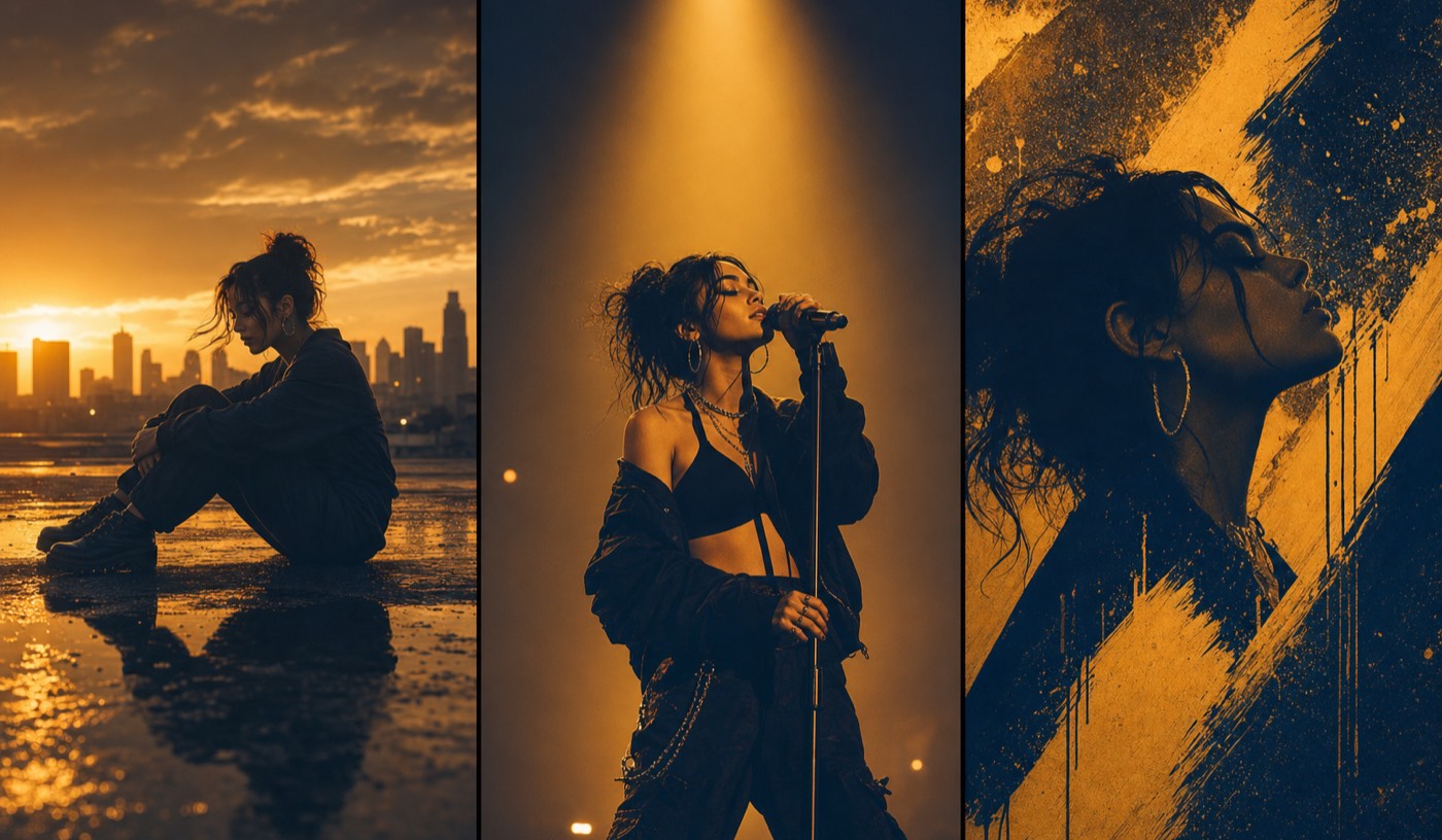 One song multiple videos: three phone-ratio stills of the same track rendered as story, performance, and lyric versions side by side