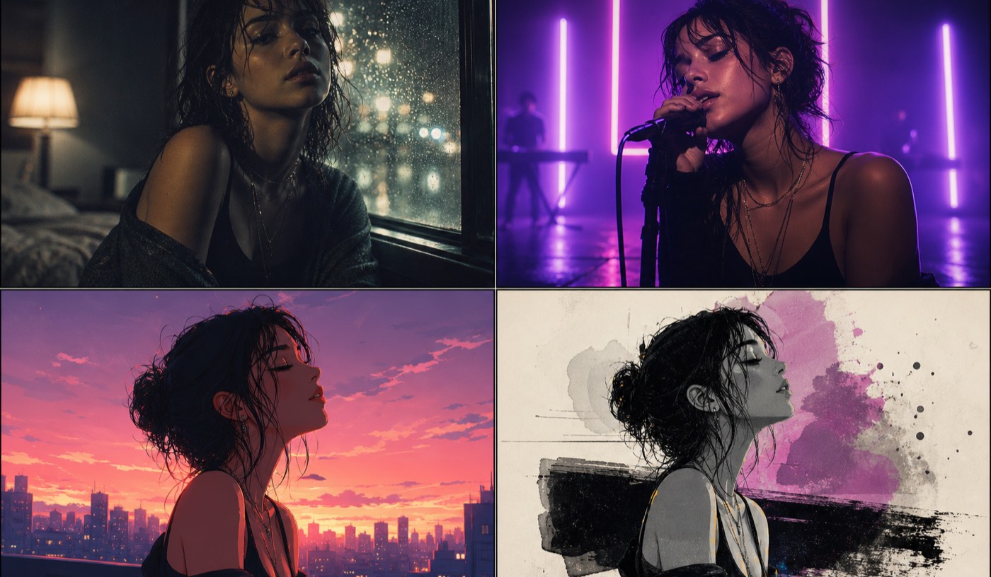 Music video variations grid: four thumbnails of one music video, each with a different section-to-style mapping