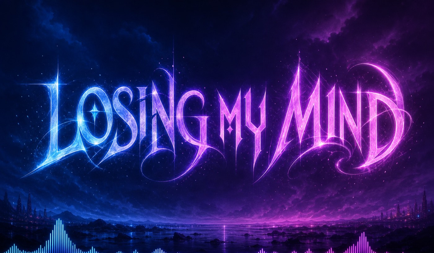 AI lyric video maker frame: bold animated lyric line mid-highlight over a dark gradient scene, waveform ticking along the bottom edge