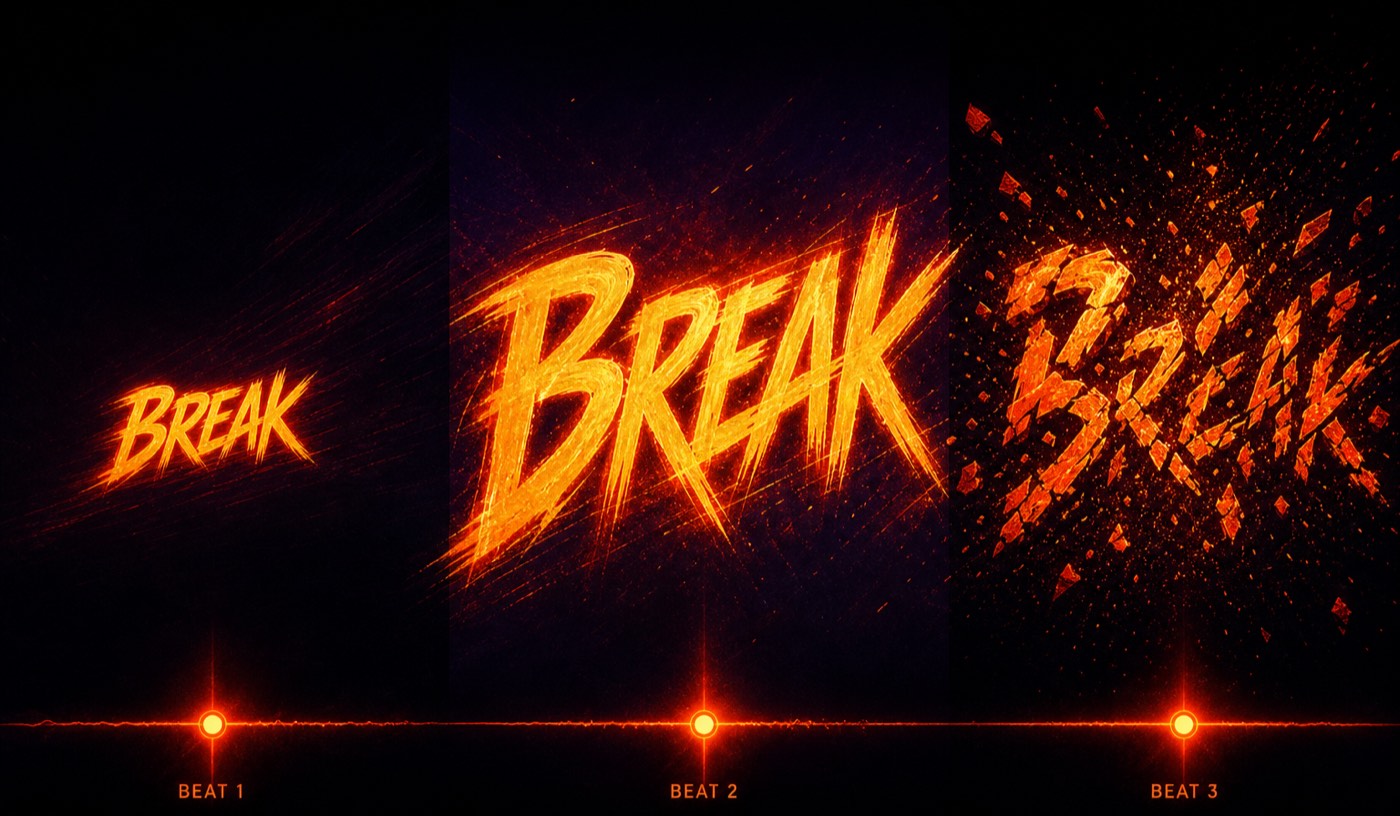 Lyric video generator sequence: three frames of a word scaling up, holding, then bursting apart in sync with beat markers