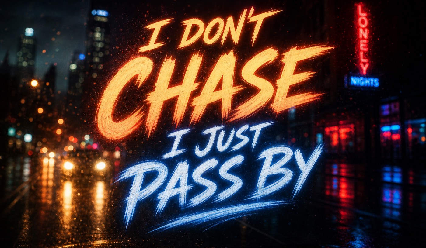 Lyric video templates preview: lyric text floating over a generated night-drive scene, headlights blurred behind the words