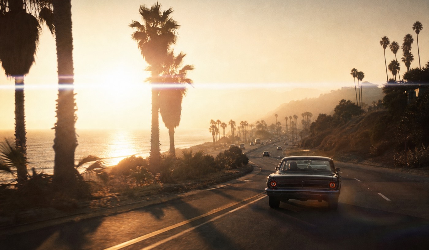 AI cinematic video generator still: golden-hour coastal drive in widescreen with soft anamorphic light flares and heavy atmosphere