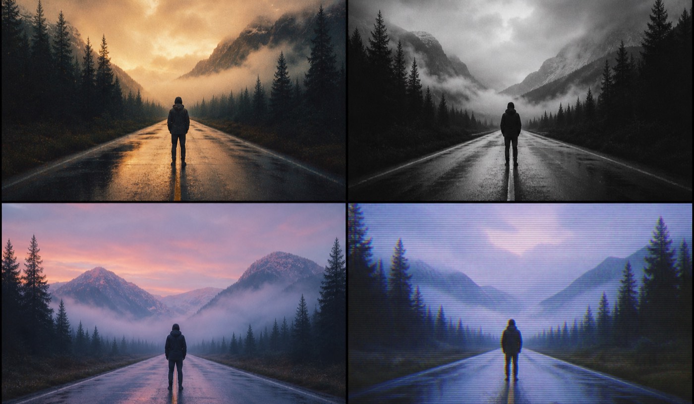 Style grid for cinematic AI videos: the same scene rendered in 35mm film, monochrome, pastel dawn, and VHS looks