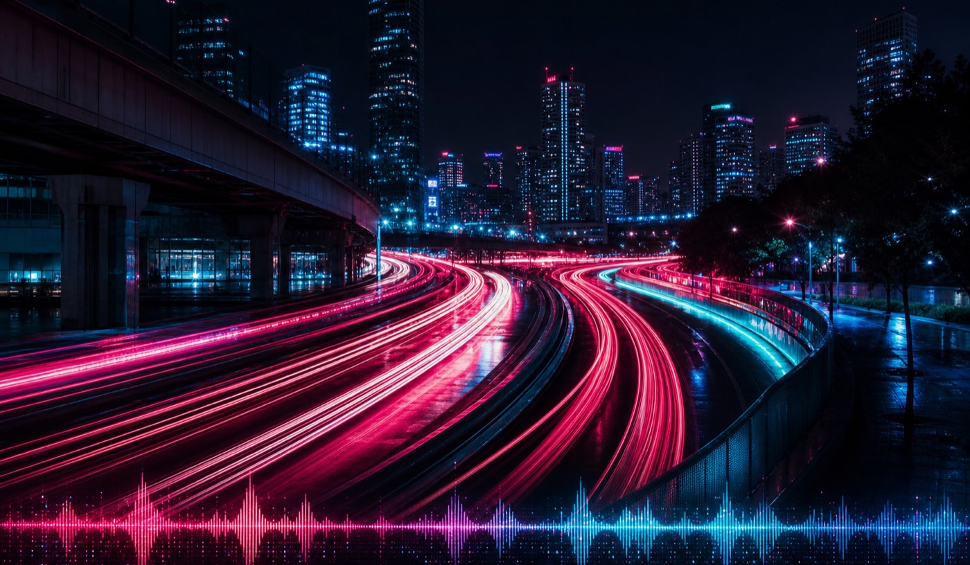 Music-reactive visuals: long-exposure light trails pulsing in sync with a waveform faintly visible along the frame's edge