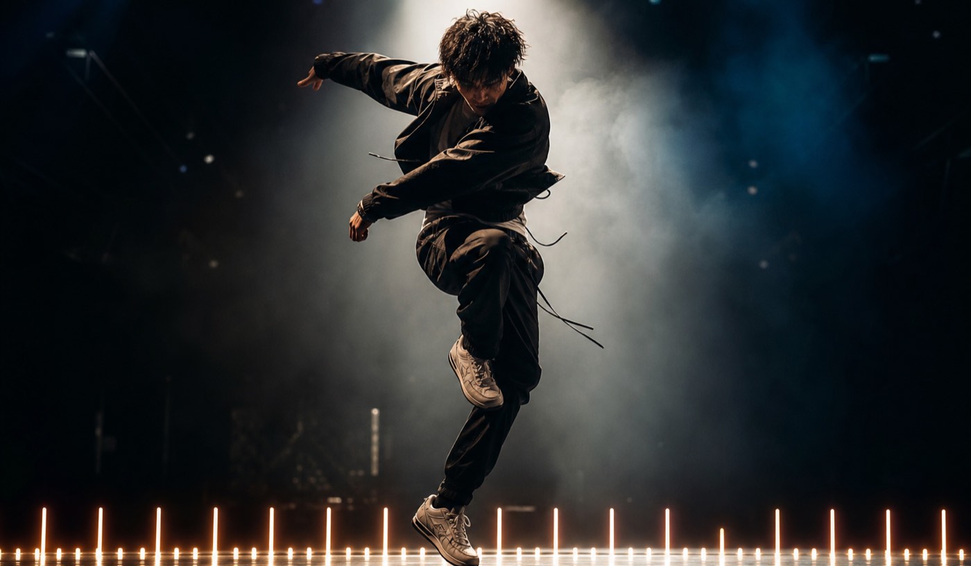 AI dance generator scene: dancer frozen mid-move on a dark stage, beat grid and BPM markers overlaid along the bottom of the frame
