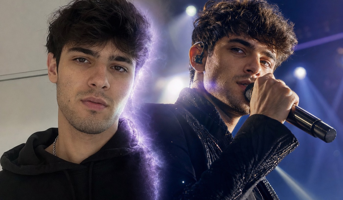 Put yourself in a music video: selfie on the left transforming into a spotlit stage performer on the right, same face clearly recognizable