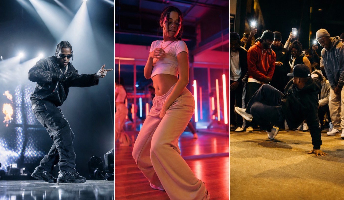 Performance music video staging: three stage setups side by side — concert spotlights, neon rehearsal room, night street dance circle
