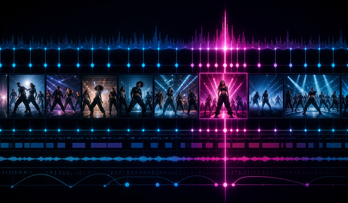 Dance video beat sync timeline: dance clips snapped to beat markers, a drop point highlighted at the chorus