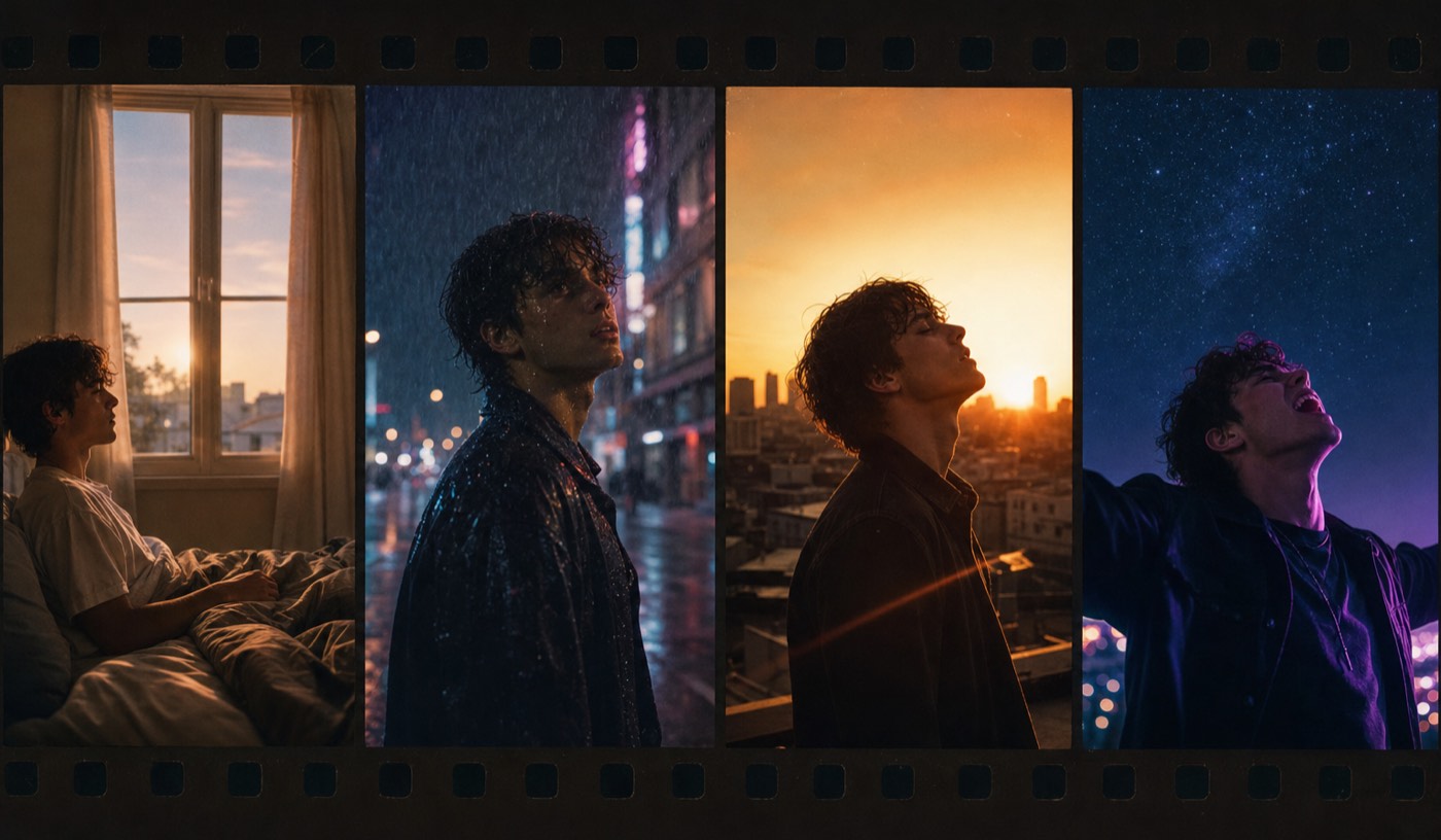 AI story video generator storyboard strip: one song becoming four story scenes — verse, pre-chorus, chorus, bridge — with rising emotional intensity