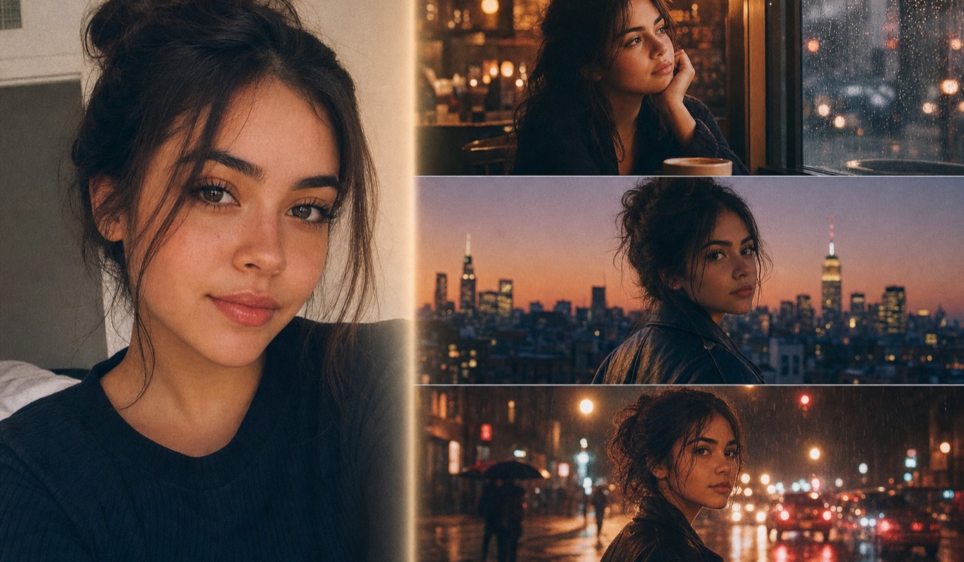 Put yourself in a music video: one selfie on the left, three story stills on the right showing the same person in a cafe, on a rooftop, and in the rain