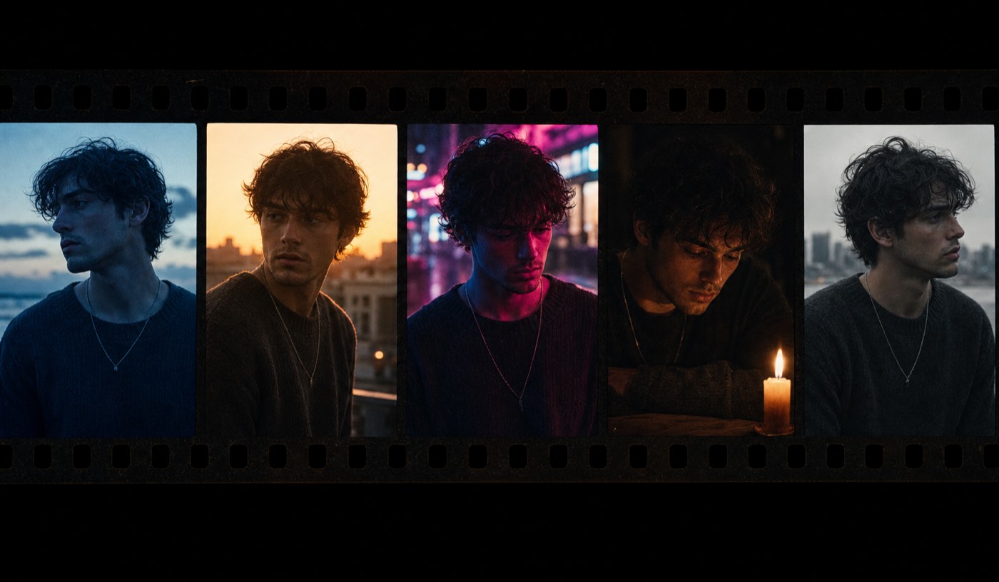 Consistent character AI video film strip: five story scenes, each frame showing the same recognizable character in different lighting