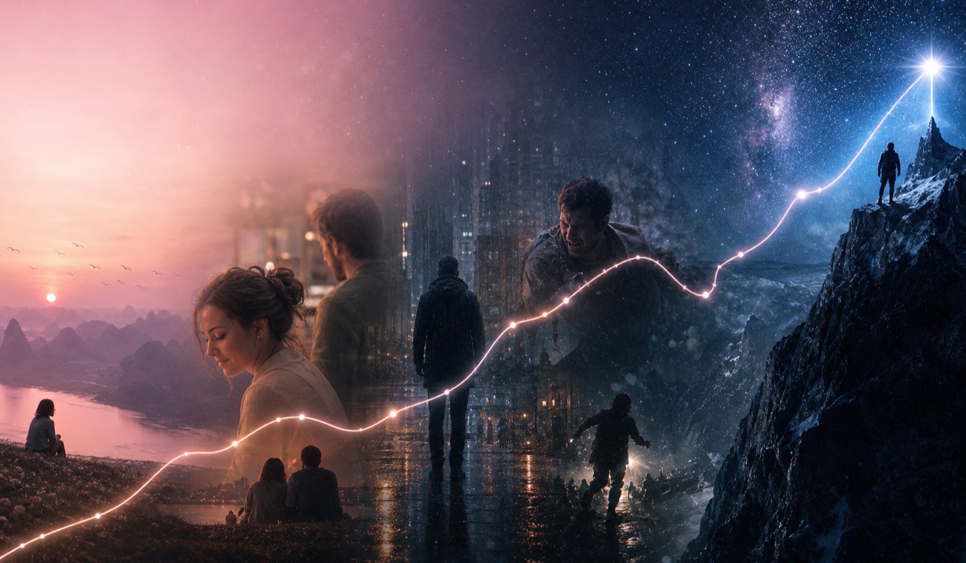 Love story music video pacing: emotion curve graph overlaid on story frames, a soft dawn scene rising to a night-sky chorus peak
